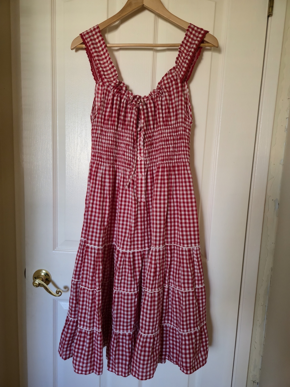 BB Dakota Red Gingham Smocked Midi Dress L